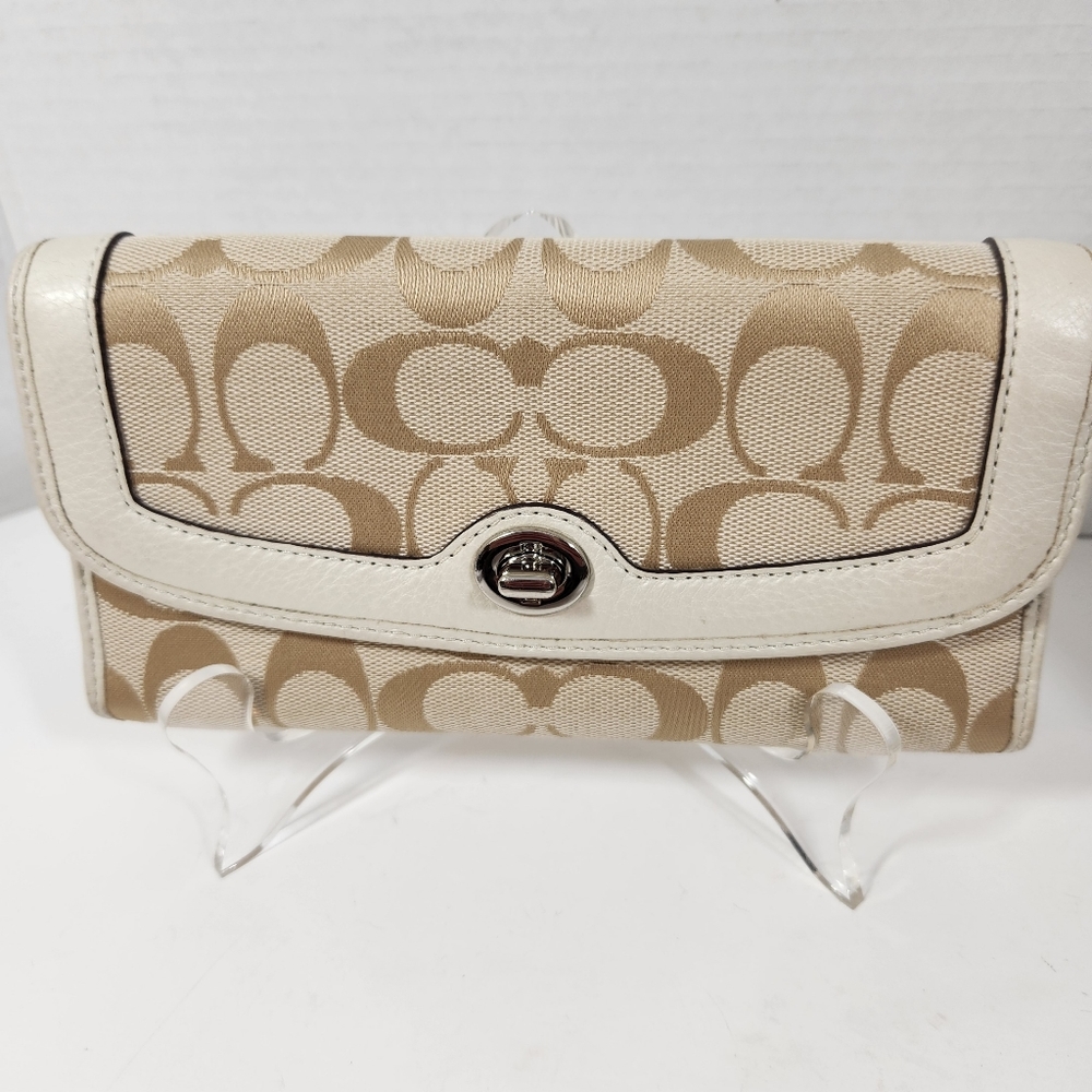 Coach Signature C Canvas Leather Trim Vanilla Envelope Wallet EUC